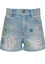 Denim Shorts with Rhinestone Flower Detail